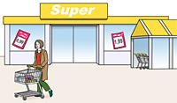 Zeichnung: Supermarkt, vor der eine Person einen Einkaufswagen schiebt